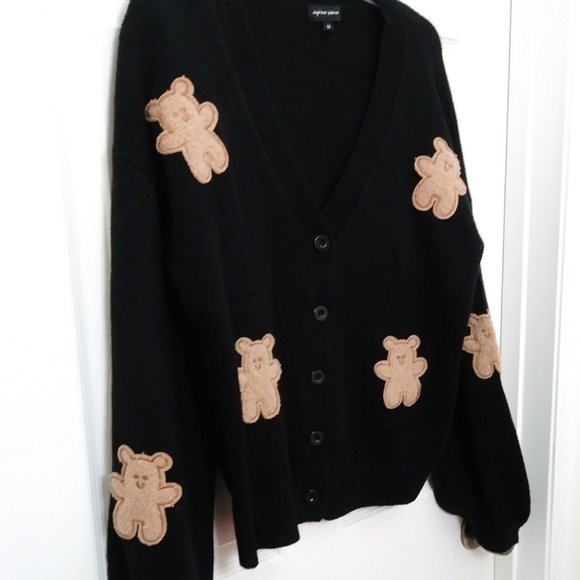 Aqua Blues Black/Tan Bears Cardigan Size Medium - Picture 9 of 13